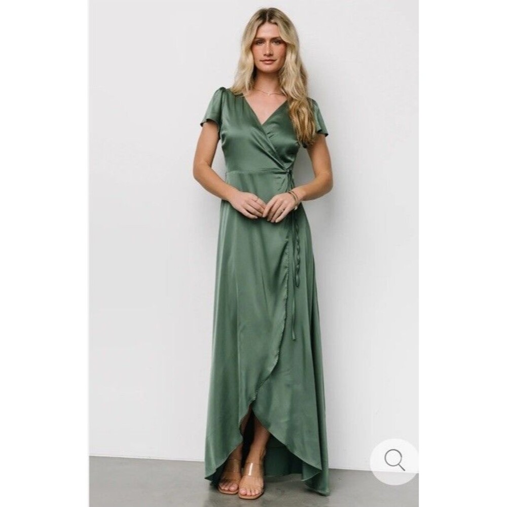 Baltic Born Olive Green Satin High-Low Wrap Dress